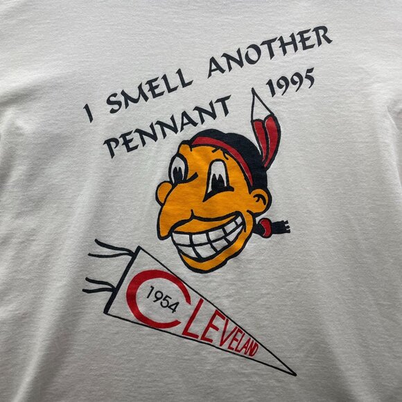 90s Vintage Cleveland Indians Graphic Tee Mens Large Short Sleeve Chief Wahoo - Picture 2 of 6